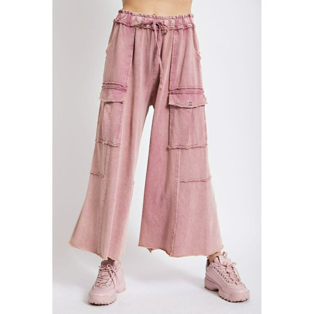 Netflix and Chill Mineral Washed Wide Leg Cargo Pants in Faded Plum
